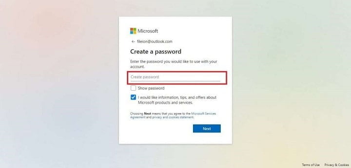 Create a password for your new Microsoft Account