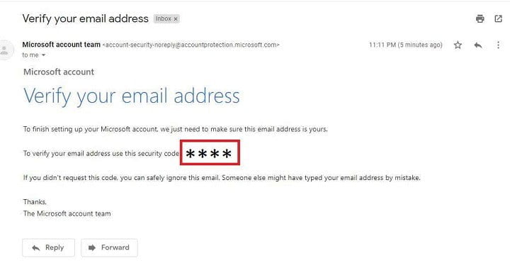Microsoft Account Verification Email