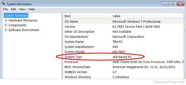 Check system type on Windows 7