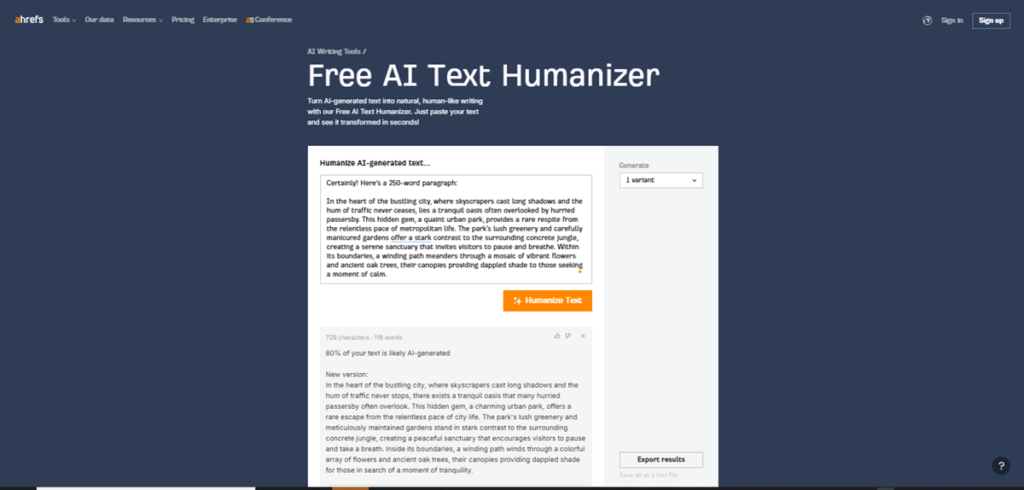 Free AI Text Humanizer by aHrefs