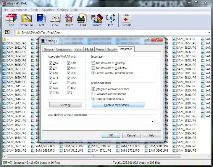 WinRAR file extensions integrations