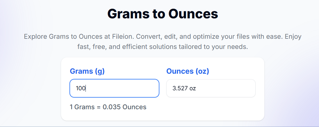 Converting 100 grams to Ounces. The result shows 3.527oz.