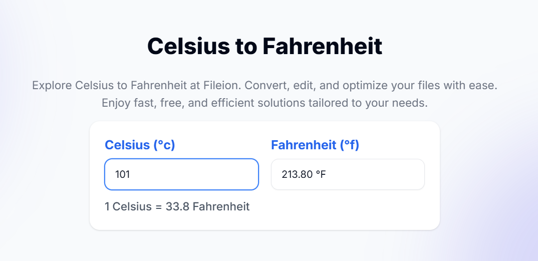 Converting 101° Celsius into Fahrenheit. The result shows 213.80° Fahrenheit.