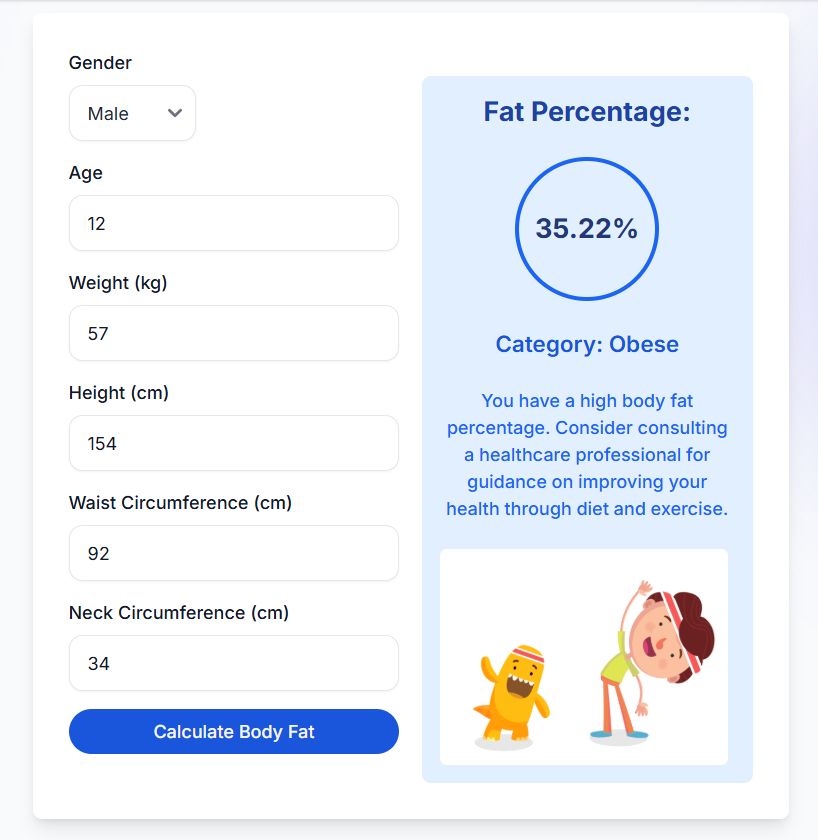 Calculating body fat of a 12 year old boy. Body fat percentage shows 35.22% and category is Obese