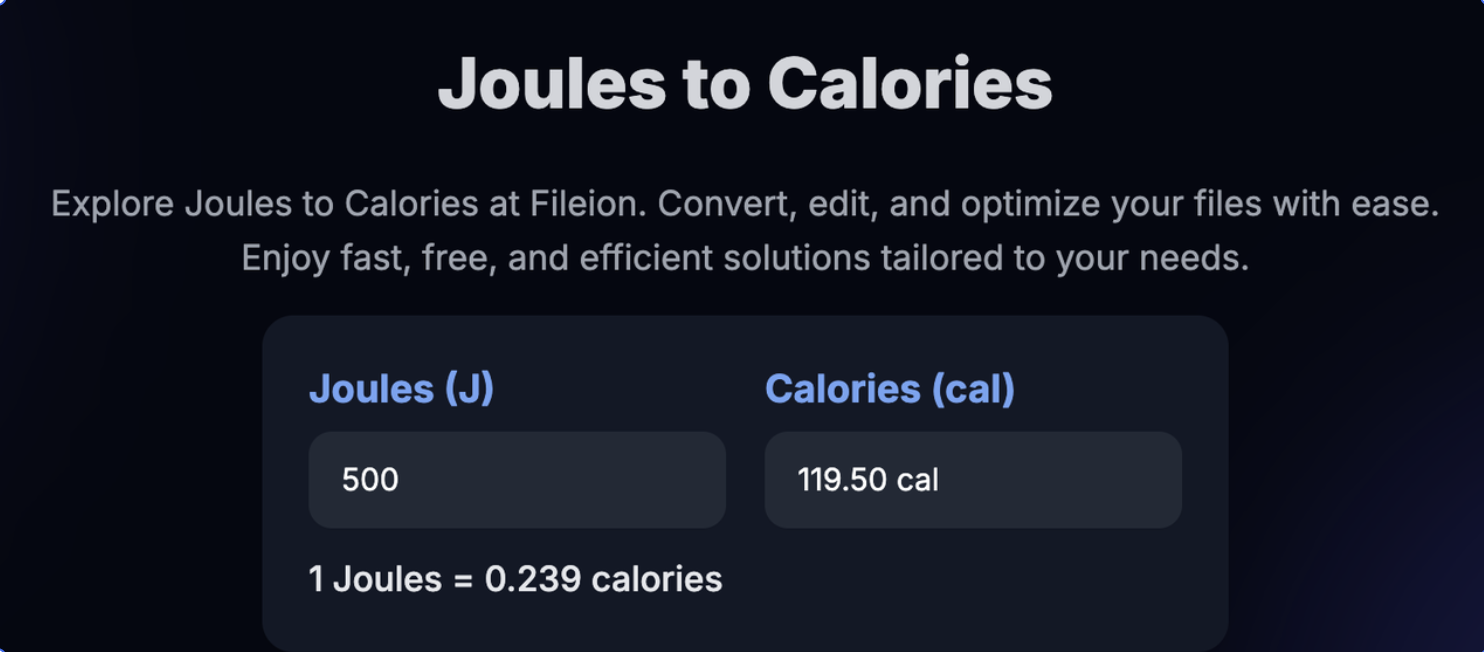 Example conversion of 500 Joules into 119.50 cal using Fileion’s converter.