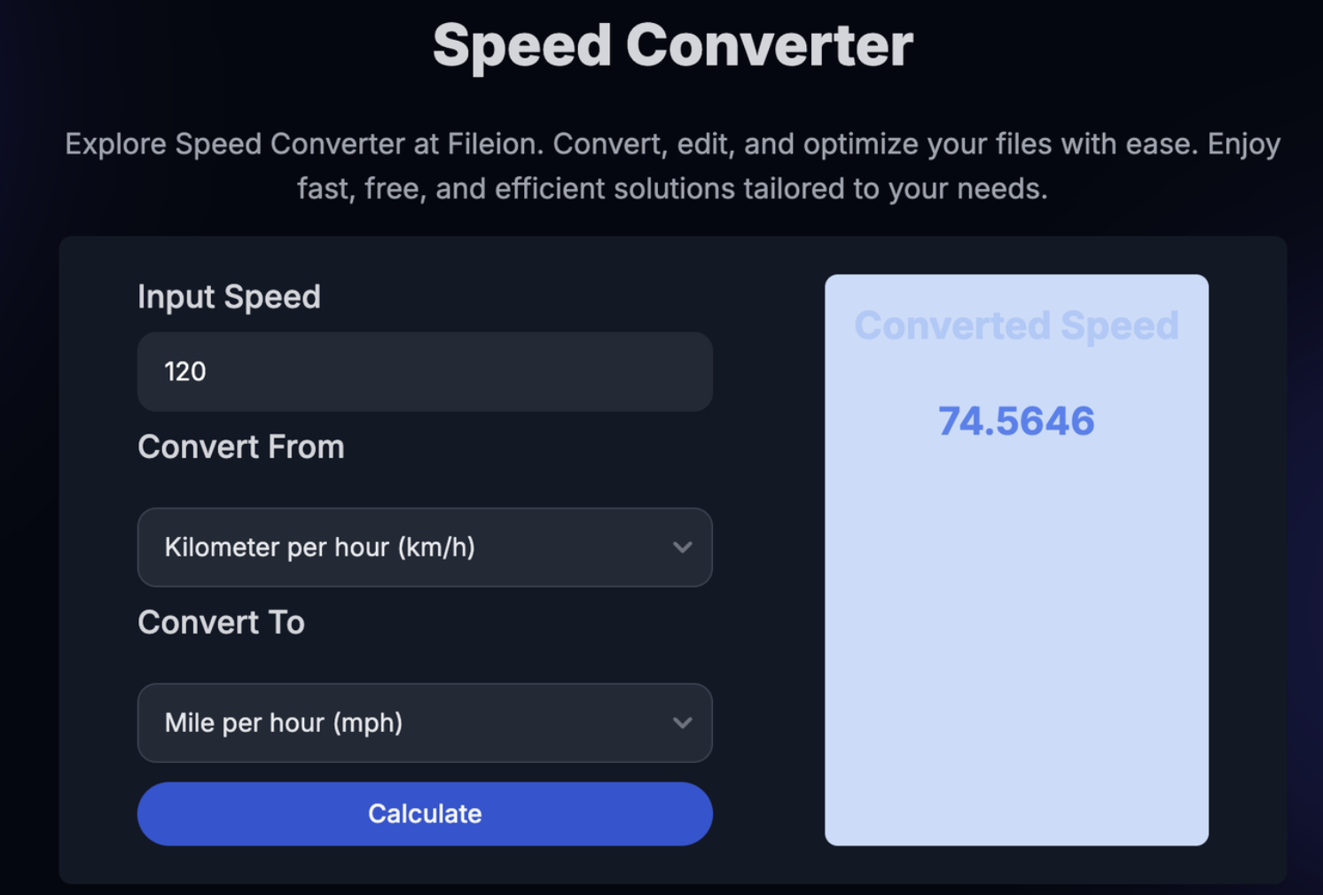 Example conversion of 120 km/h into 74.5646 mph using Fileion’s converter.