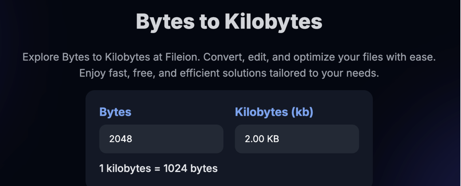 Example conversion of 2048 Bytes into 2 Kilobytes using Fileion’s converter.