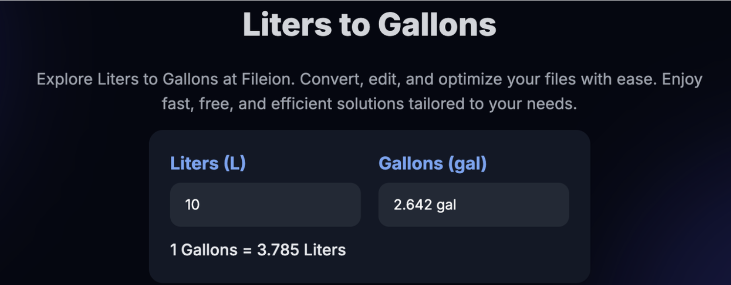 Screenshot showing the conversion of 10 litres to 2.64 US gallons using Fileion’s online converter.