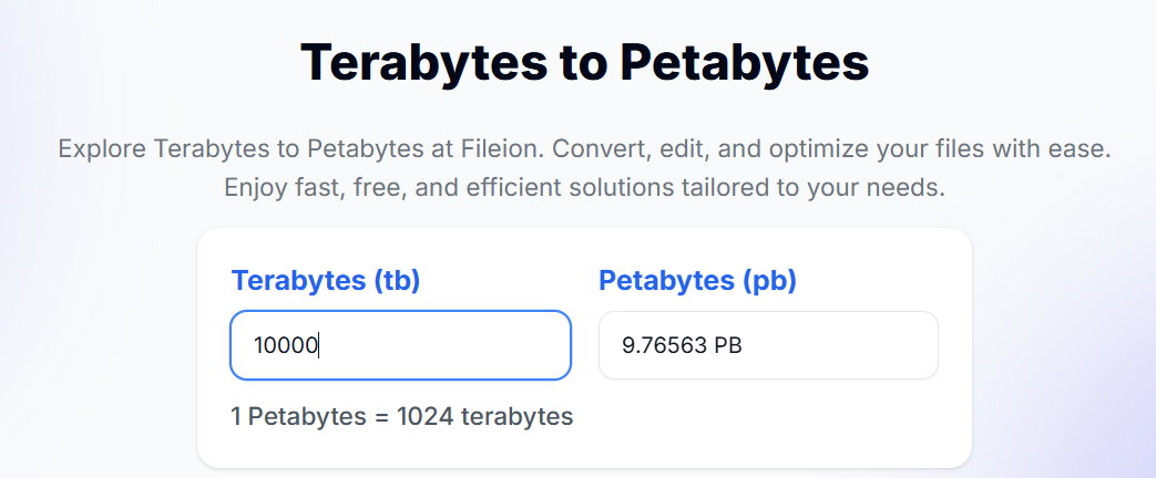 Converting 10000 Terabytes (tb) into 9.76563 Petabytes