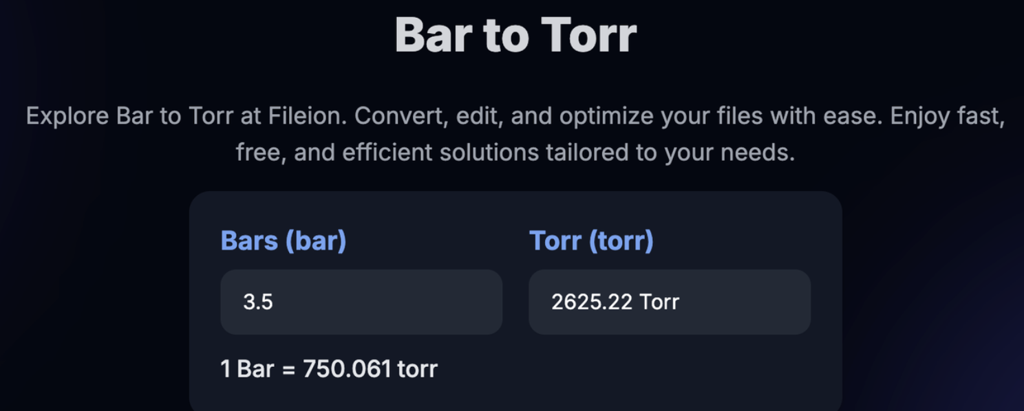 Example conversion of 3.5 bar into 2625.22 torr using Fileion’s converter.