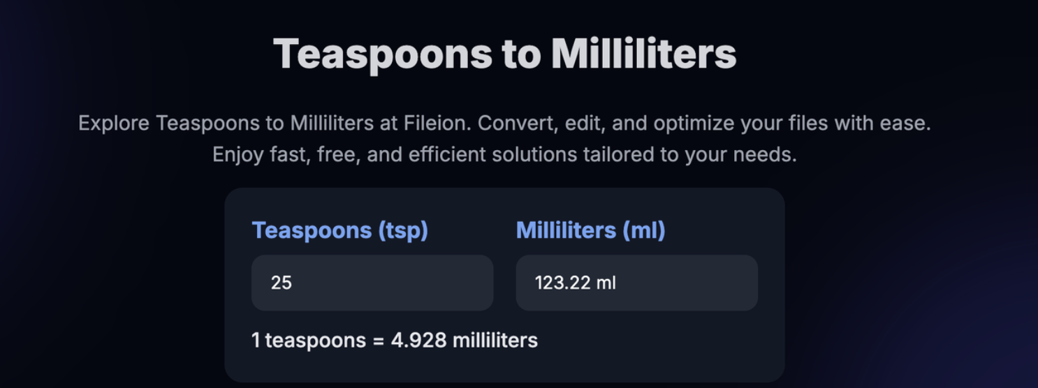 Example conversion of 25 teaspoons to 123.22 ml using Fileion’s converter.