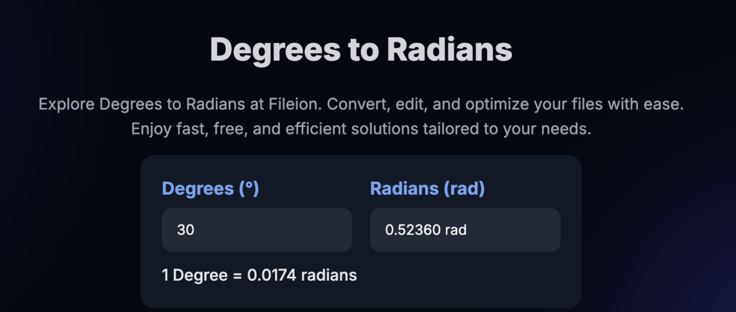 Example conversion of 30 degrees to 0.52 radians using Fileion’s converter.