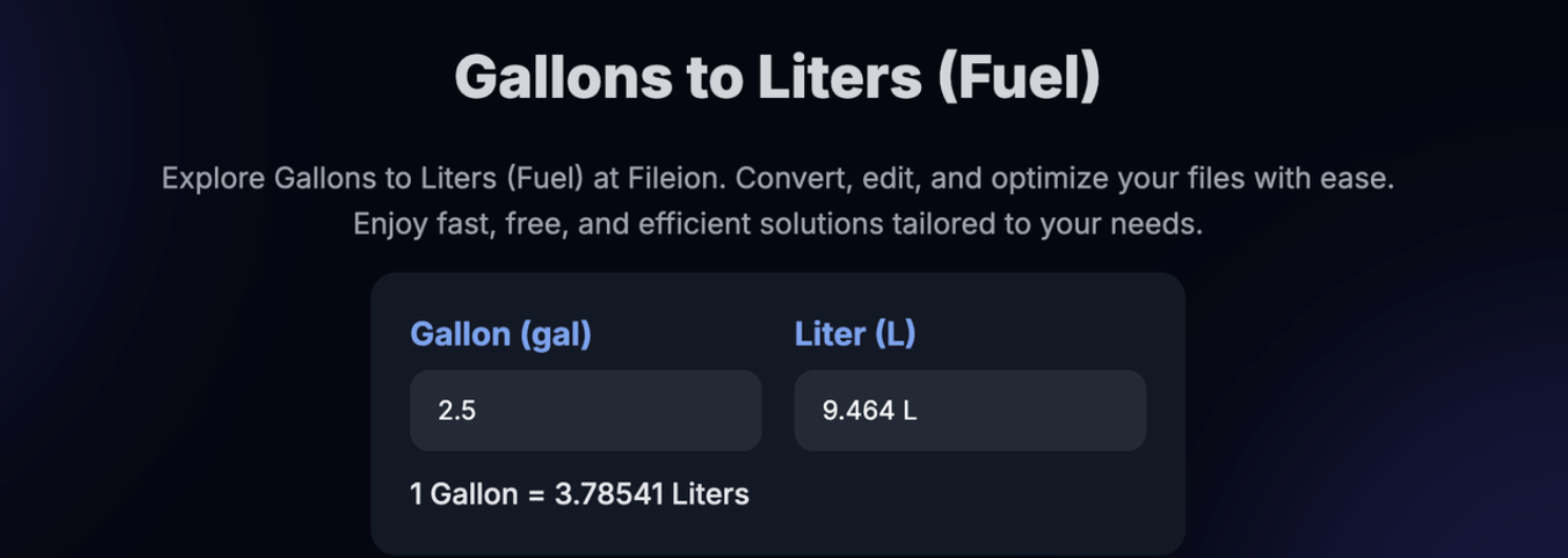 Example conversion of 2.5 gallons into 9.464 litres using Fileion’s converter.