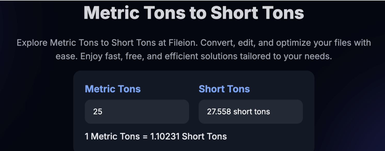 Example conversion of 25 Metric tons into 27.558 Short tons using Fileion’s converter.