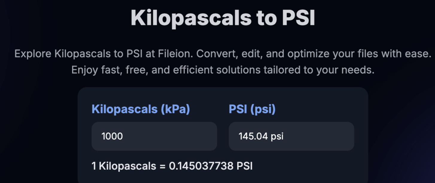 Example conversion of 1000 kPa into 145.04 psi using Fileion’s converter.