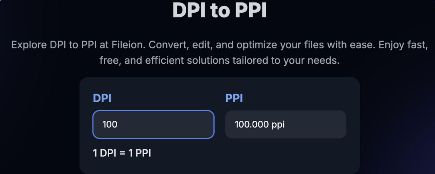 Example conversion of 100 DPI into 100 PPI using Fileion’s converter.