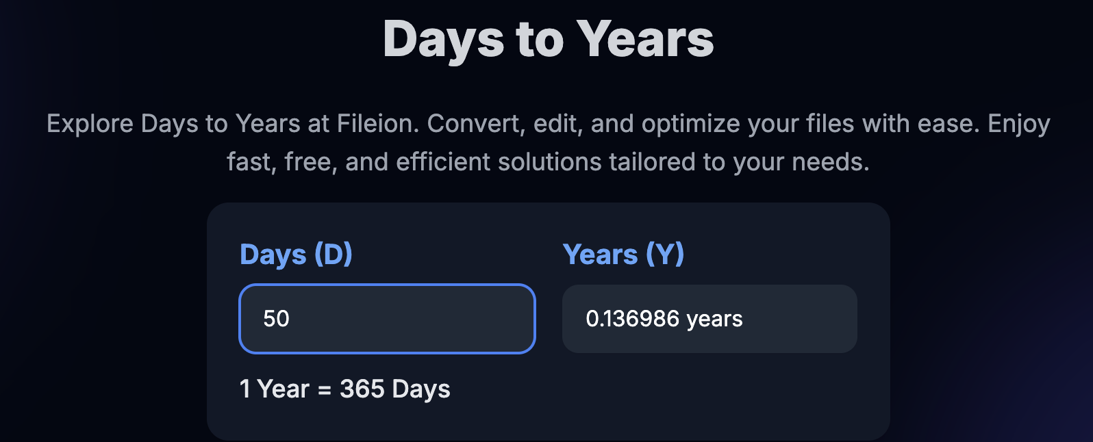 Example conversion of 50 days into 0.136 years using Fileion’s converter.