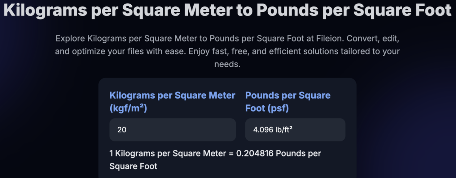 Example conversion of 20 kg/m² to 4.096 lb/ft² using Fileion’s converter.