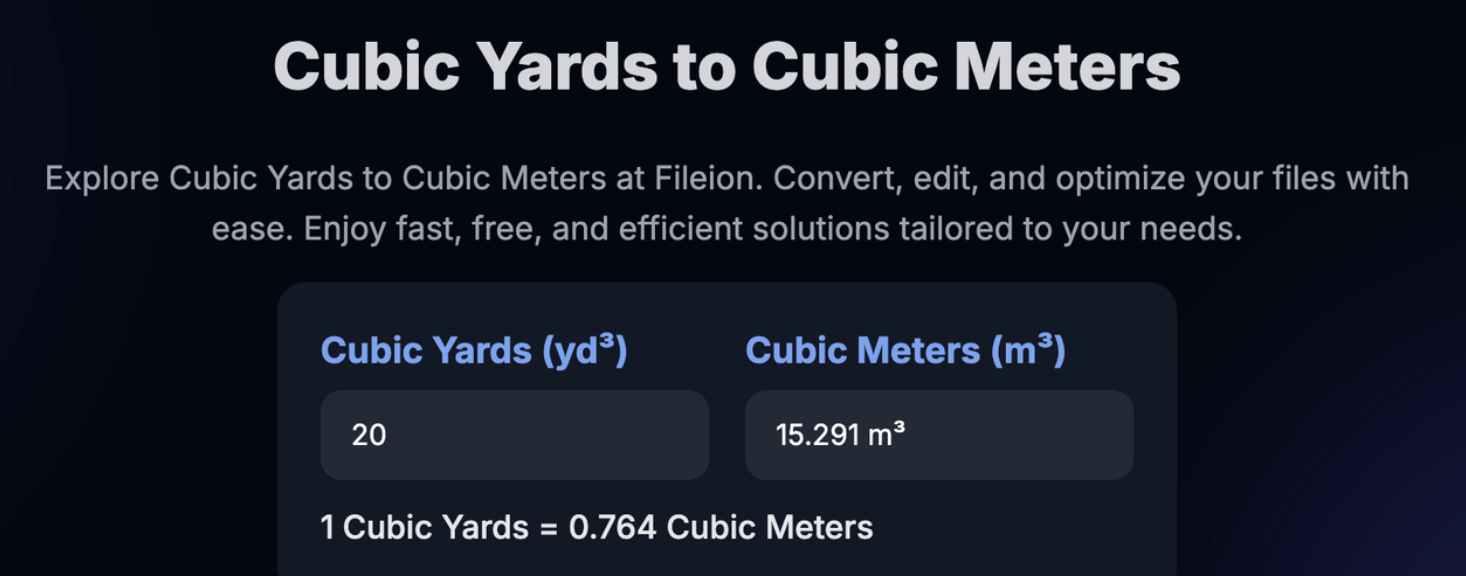 Example conversion of 20 cubic yards to 15.921 cubic meters using Fileion’s online converter.
