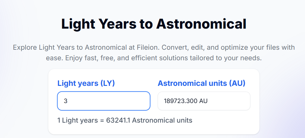 Converting 3 Light Years into Astronomical Units. It equals 189723.300 AU(Astronomical Units)