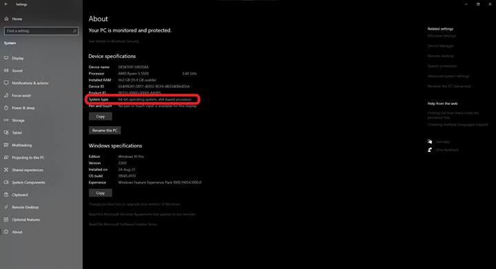 Windows 10 Settings - About Section