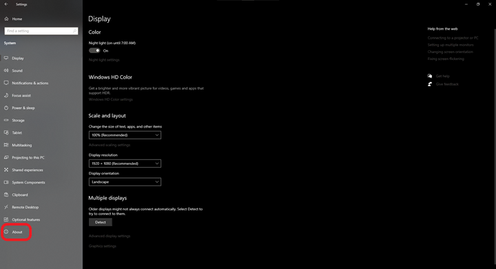 Windows 10 Settings - System Window