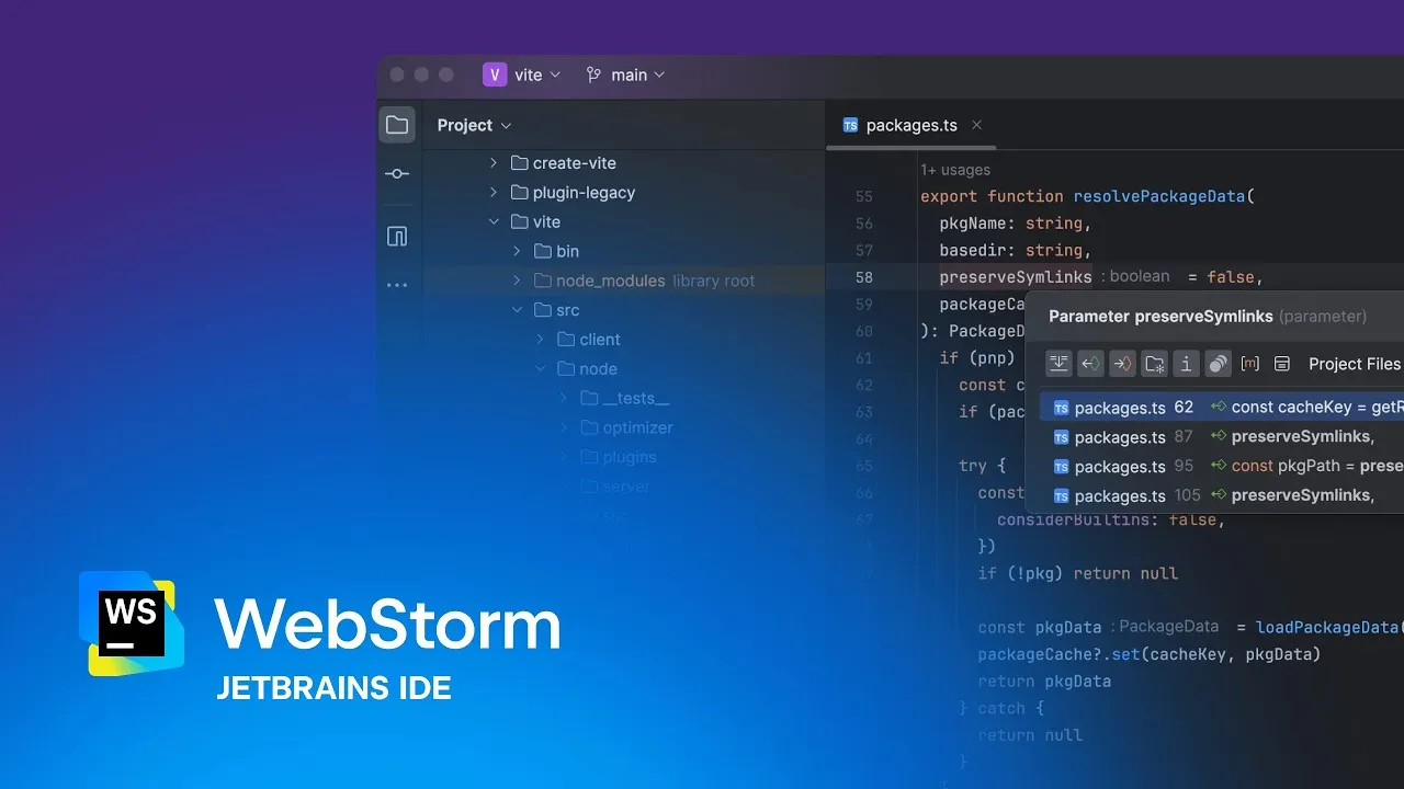Official WebStorm logo on a branded background