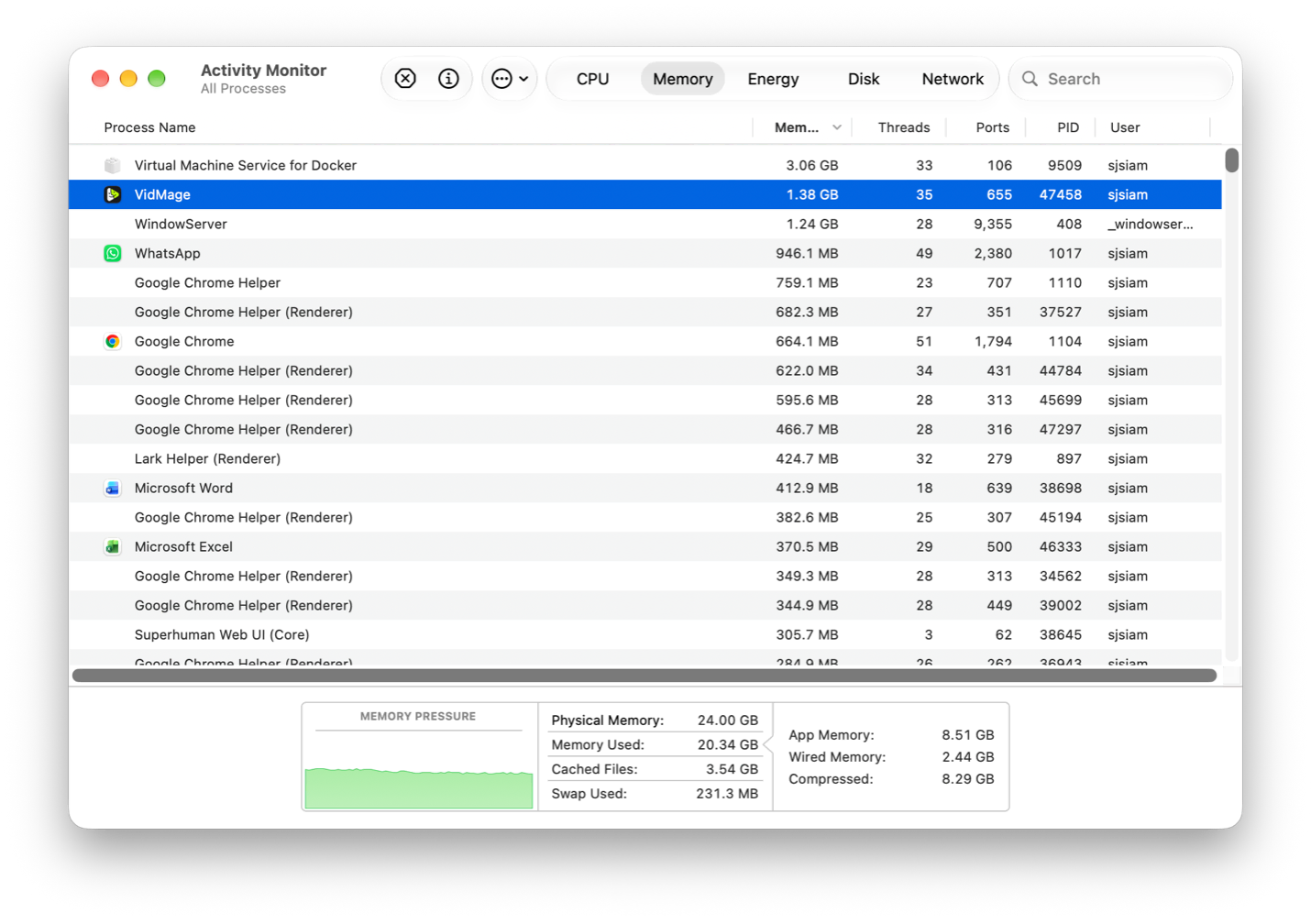 VidMage Memory Usage - Activity Monitor