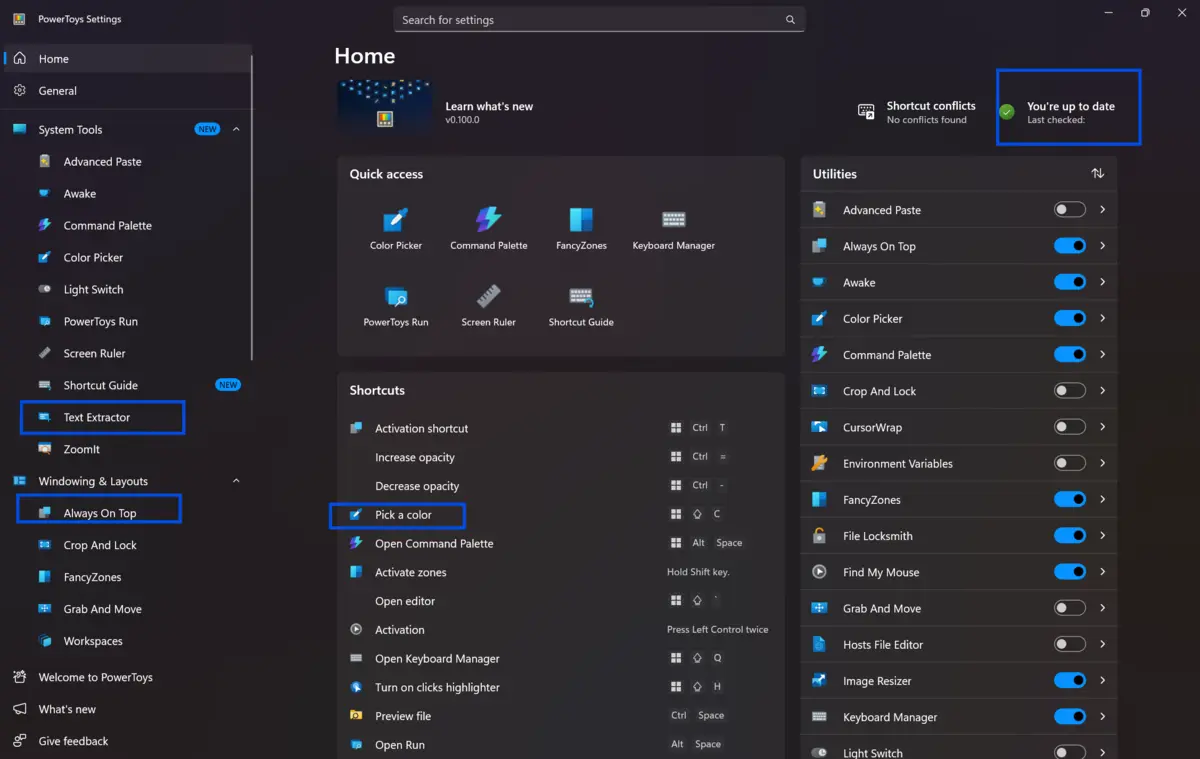 Computer settings interface displaying the 'Home' page with options including 'Text Extractor', 'Zoomit', and 'Always On Top'. The right panel features system status and utility shortcuts.