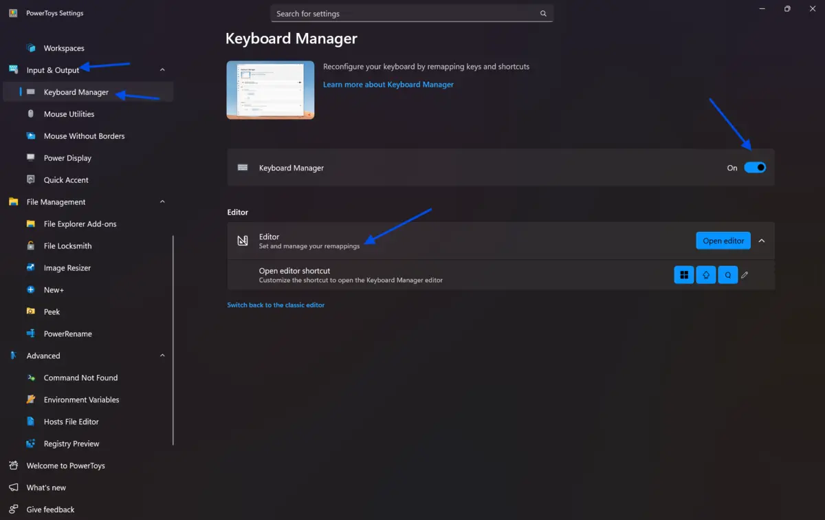 Keyboard Manager settings window displaying options for keyboard remapping, highlighted sections include Input & Output and Keyboard Manager with an on/off toggle.