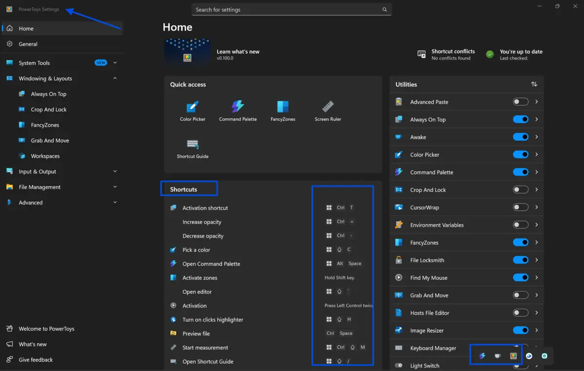 Windows settings interface displaying the Home section with categories on the left side, quick access icons in the center, and a shortcuts panel with keyboard shortcuts listed.