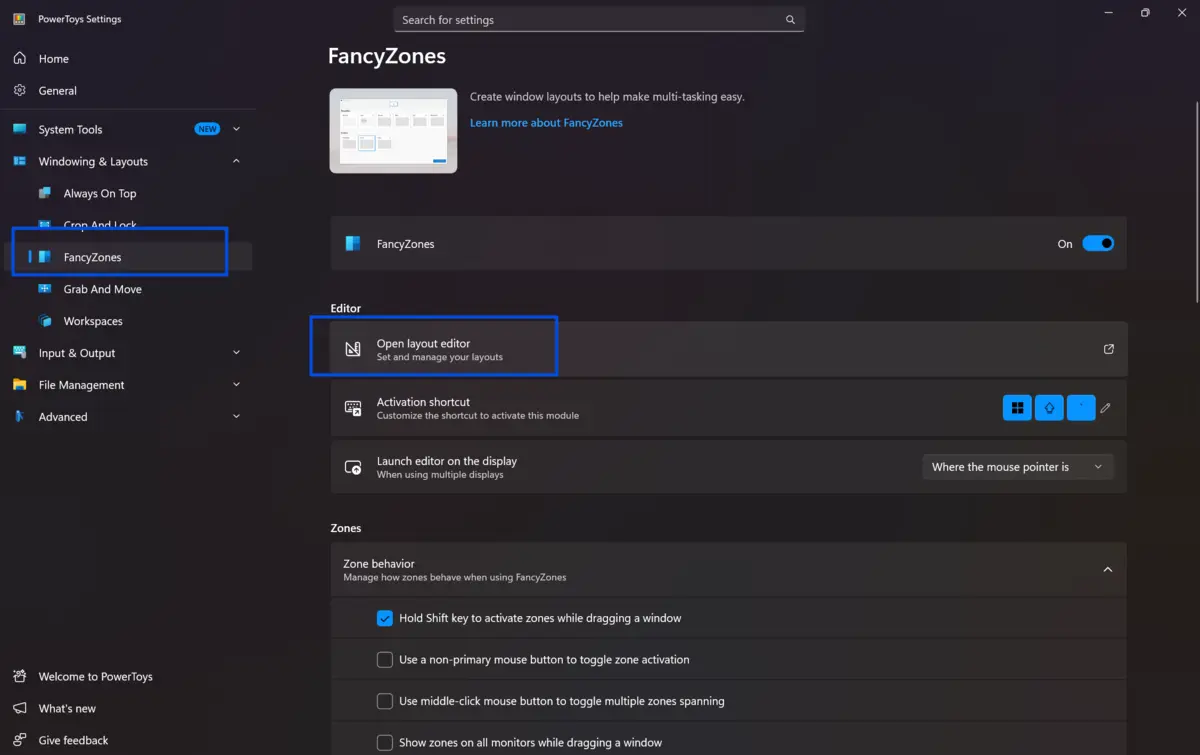 Windows settings interface for FancyZones with options for layouts and zone behavior, including the 'Open layout editor' option highlighted in blue.