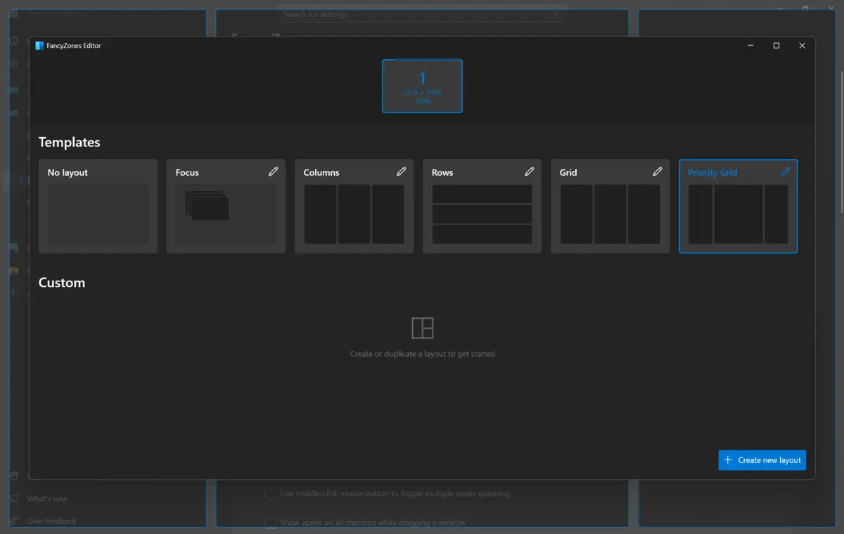 User interface showing layout templates in a design editor, including options like 'No layout', 'Focus', 'Columns', 'Rows', 'Grid', and a highlighted 'Primary Grid' selection.
