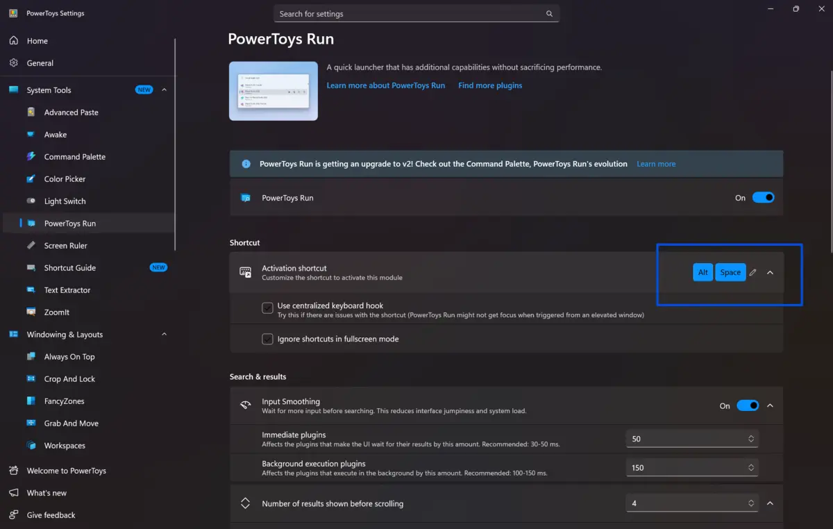 Settings window for PowerToys Run displaying various options. The section labeled 'Shortcuts' is highlighted, showing activation shortcut options and a toggle for 'Launch keyboard shortcuts.'