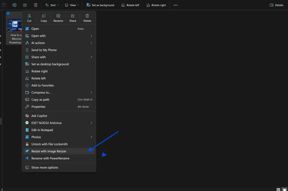 Context menu on a computer screen showing options including 'Rename with Image Resizer' circled with a blue arrow.