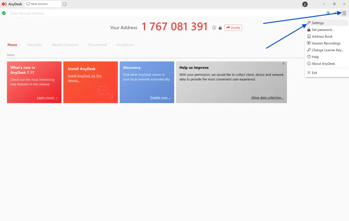 AnyDesk desktop application interface displaying the main dashboard with sections for News, Discovery, and Help. The address is shown as 1 767 081 391, and a blue arrow points to a settings icon in the top right corner.