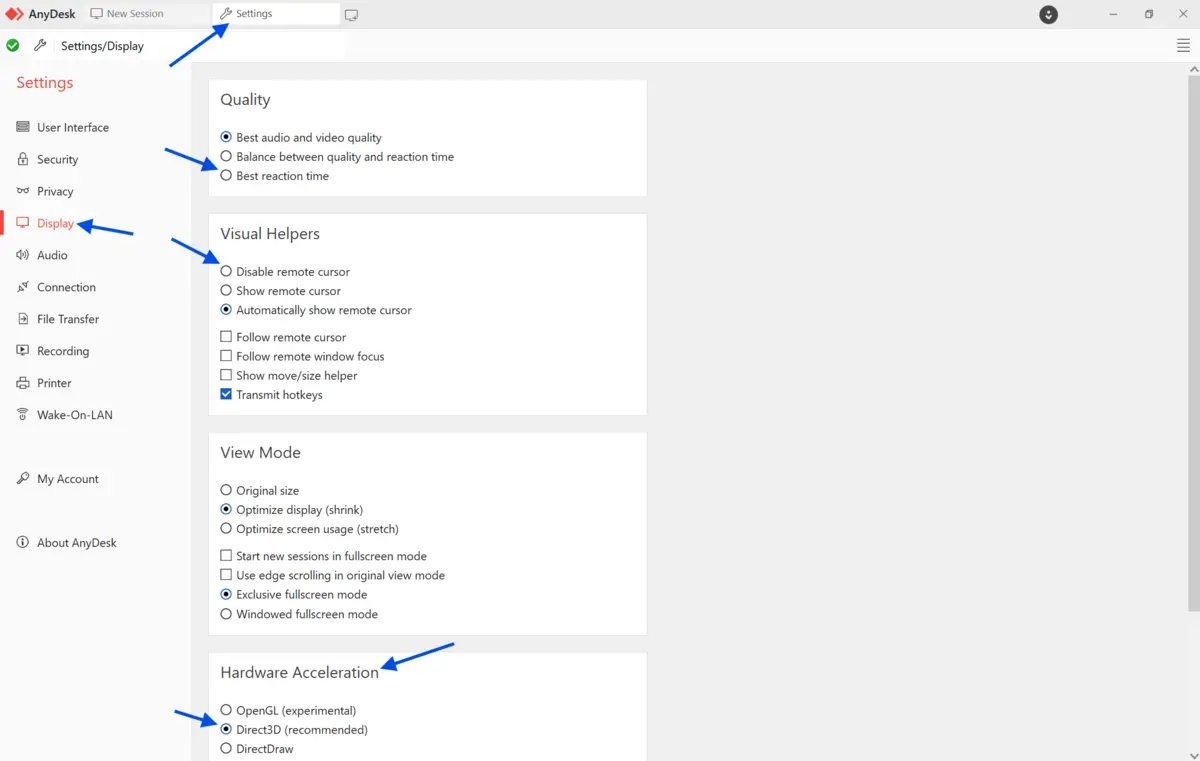 Screenshot of AnyDesk Settings menu highlighting the Display section. It includes settings for Quality, Visual Helpers, View Mode, and Hardware Acceleration options, with arrows pointing to relevant features.