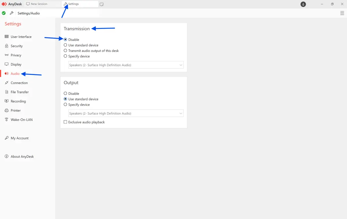 AnyDesk application settings screen displaying the Audio section with highlighted options for Transmission and Output, including selection for audio devices.