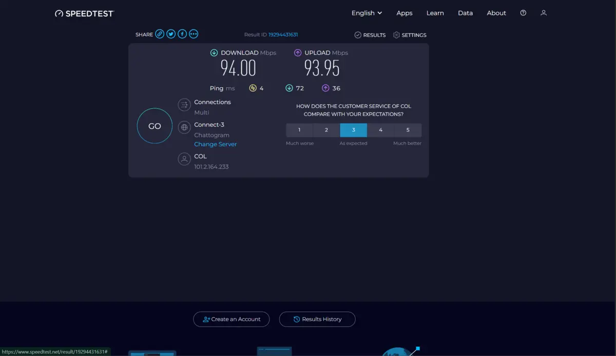Speed test results displaying a download speed of 94.00 Mbps and an upload speed of 93.95 Mbps on a dark interface, with options for connections and server details.