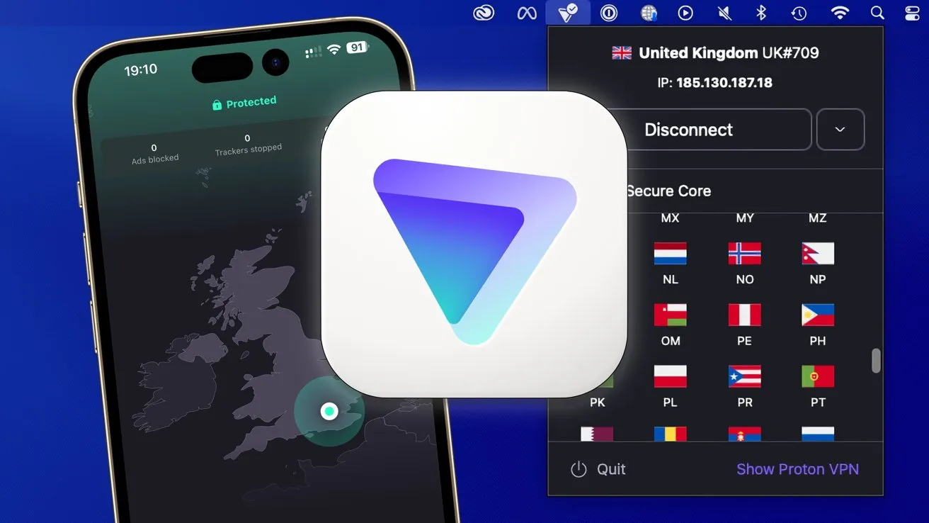 Proton VPN interface showing secure encrypted connection with privacy-focused features