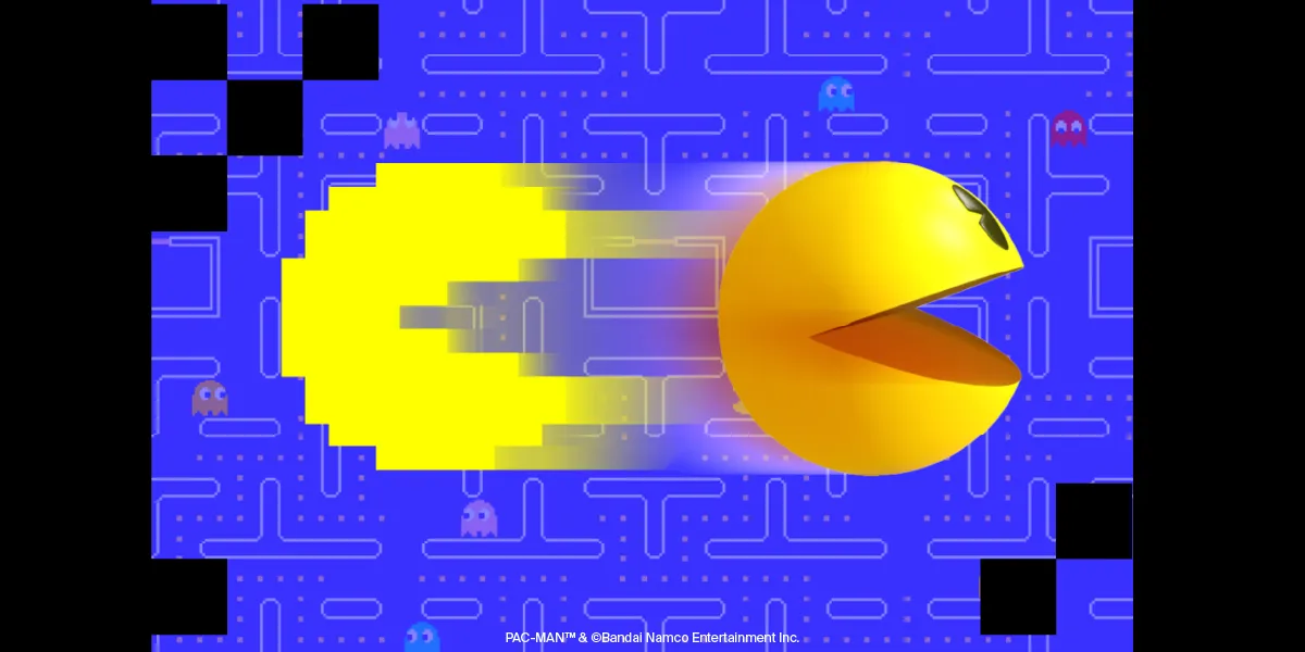 Pac-Man navigating a maze while avoiding colorful ghosts and collecting pellets