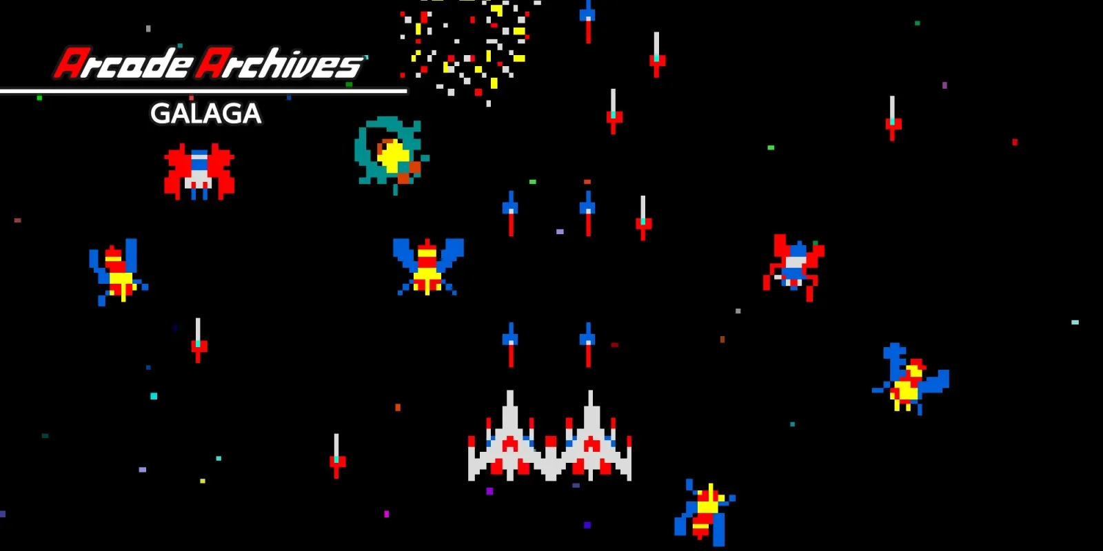Galaga spaceship battling alien formations with classic arcade shoot-'em-up gameplay