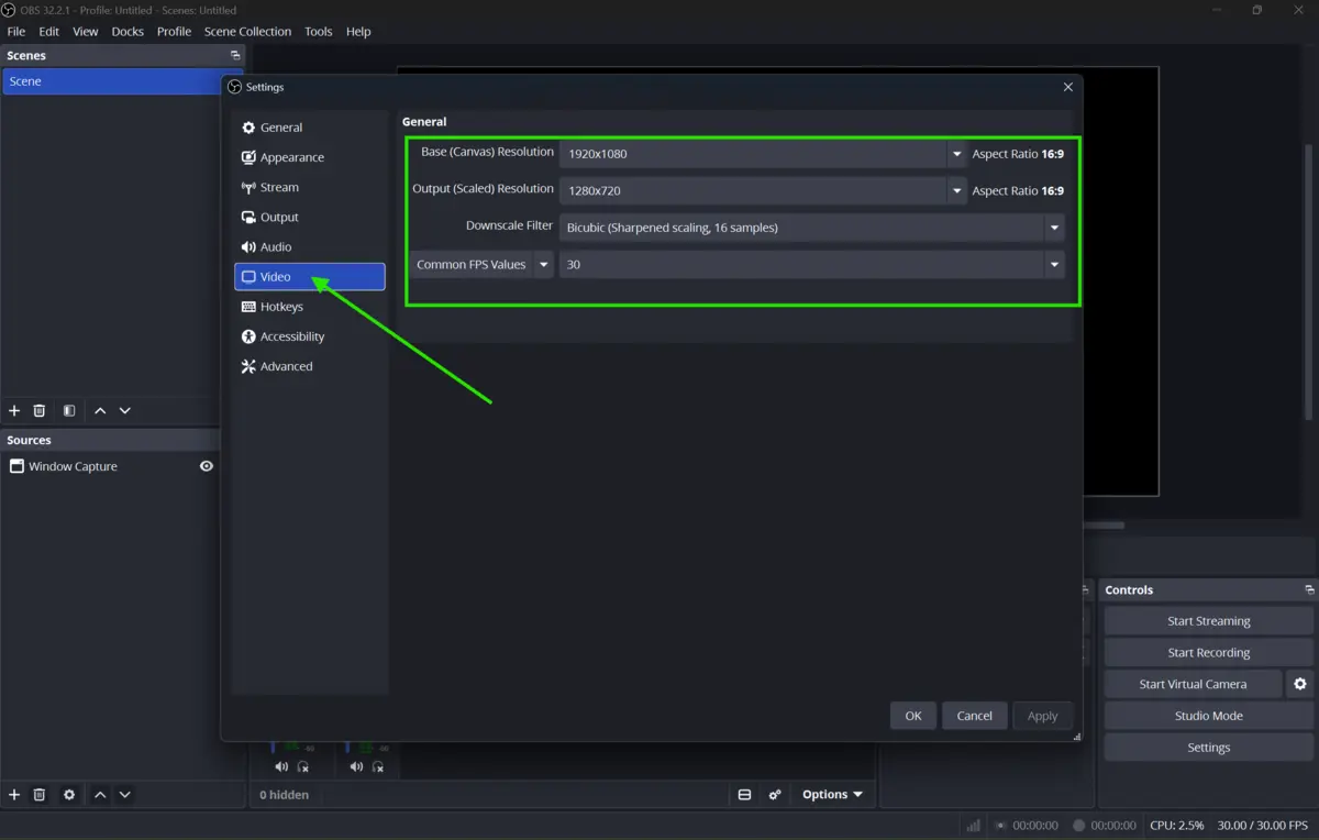 OBS Studio Video settings showing canvas and output resolution options for stream quality