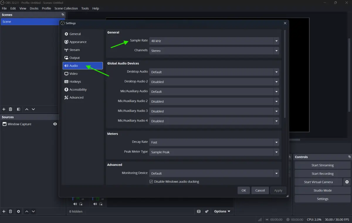OBS Studio Audio settings showing the sample rate and audio configuration options