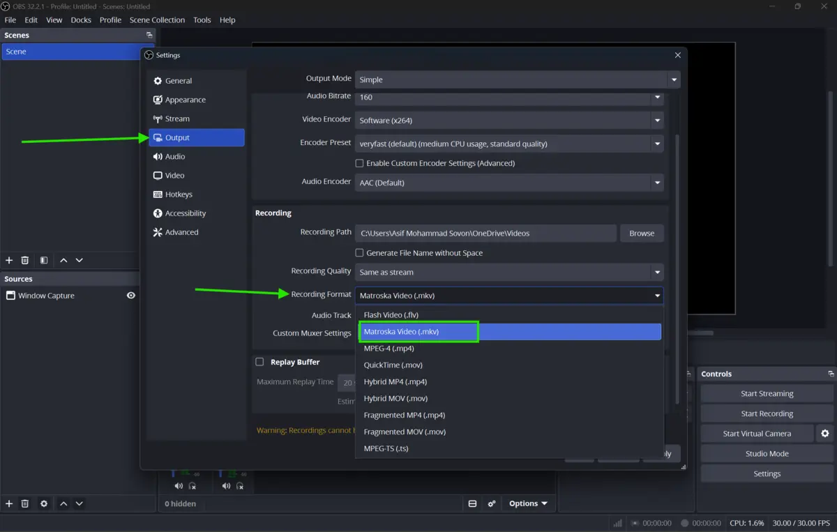 OBS Studio recording settings showing MKV selected as the local recording output format