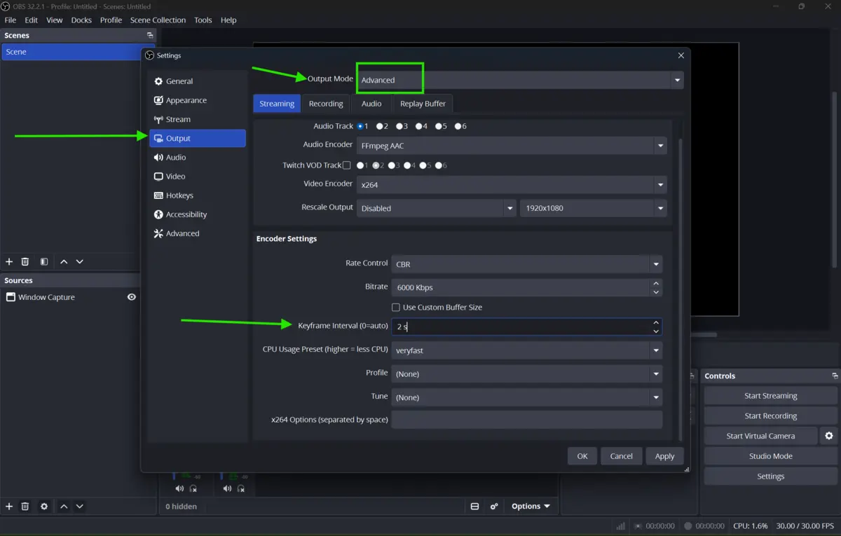 OBS Studio Advanced Output settings showing the keyframe interval option set to 2 seconds