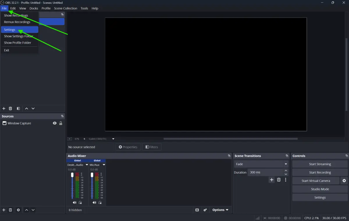 OBS Studio Settings menu showing the main configuration options for streaming and recording