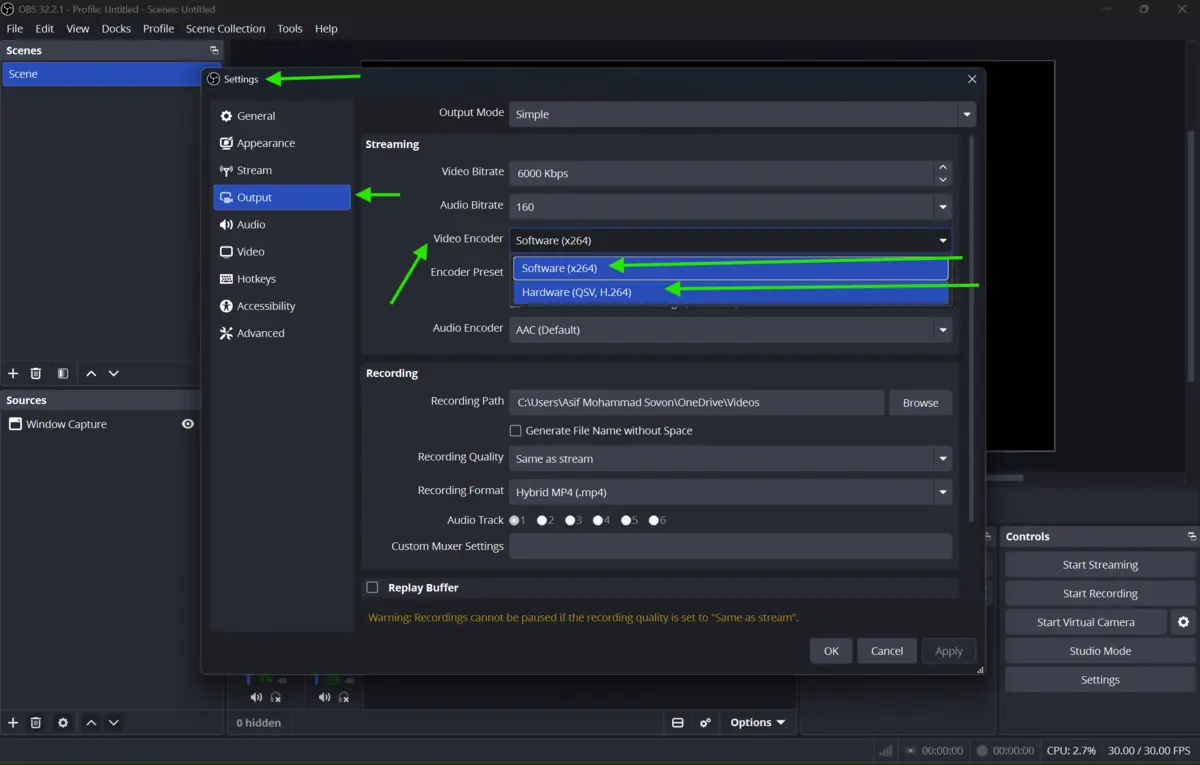 OBS Studio Output settings showing encoder selection options for NVENC, x264, and other hardware encoders