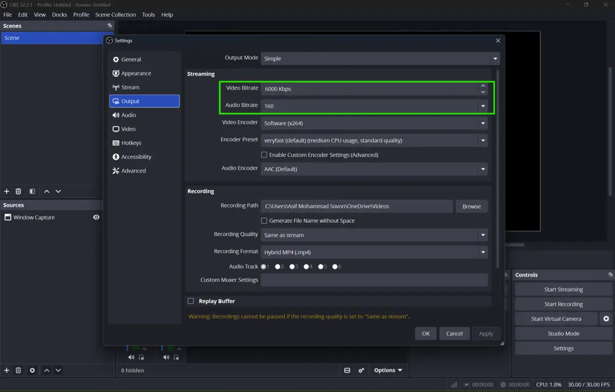 OBS Studio Output settings showing the video bitrate field for configuring streaming quality