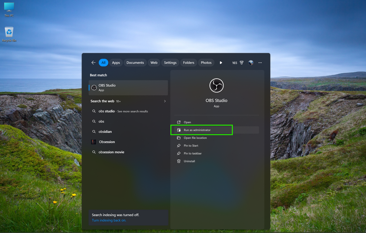 Windows context menu showing the Run as administrator option for OBS Studio